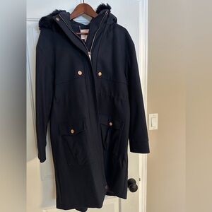 Black Hooded Coat with Copper Buttons